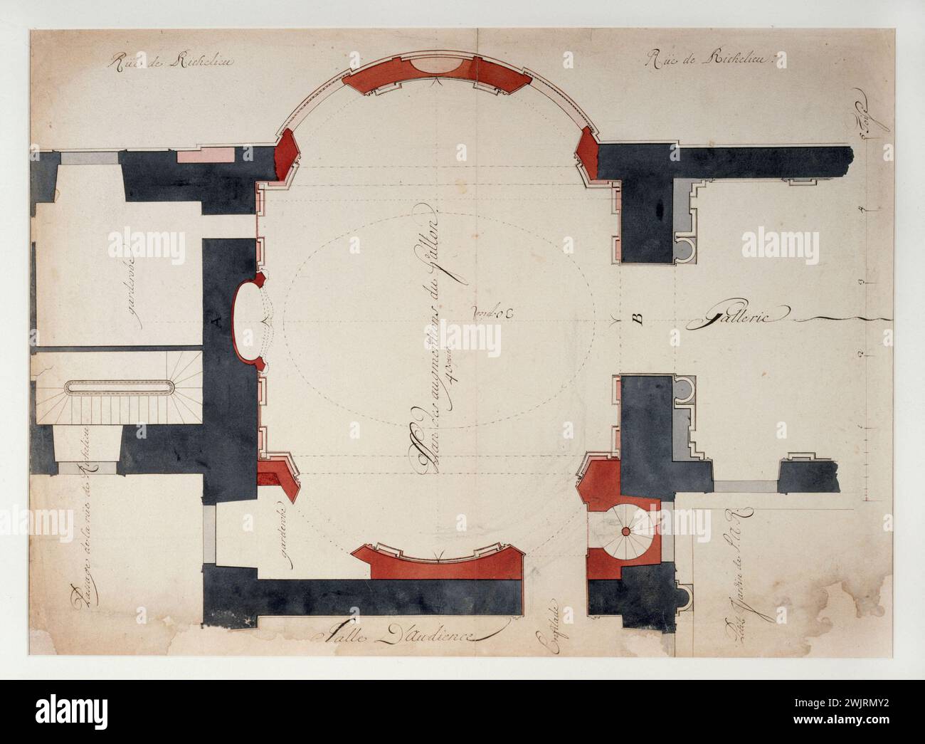 Gilles Marie Oppenord (1672-1742). "Plan des italienischen Wohnzimmers des Palais-Royal (Plan und Erweiterung der Show)". Schwarze Feder und Tinte. Paris, Carnavalet Museum. 39819-2 Arrondissement Ier I 1. 1., Arrondissement II. 2. II., Erhöhung, schwarz, italienische Tinte, Palast-Royal, Plan, italienisches Wohnzimmer, Feder Stockfoto