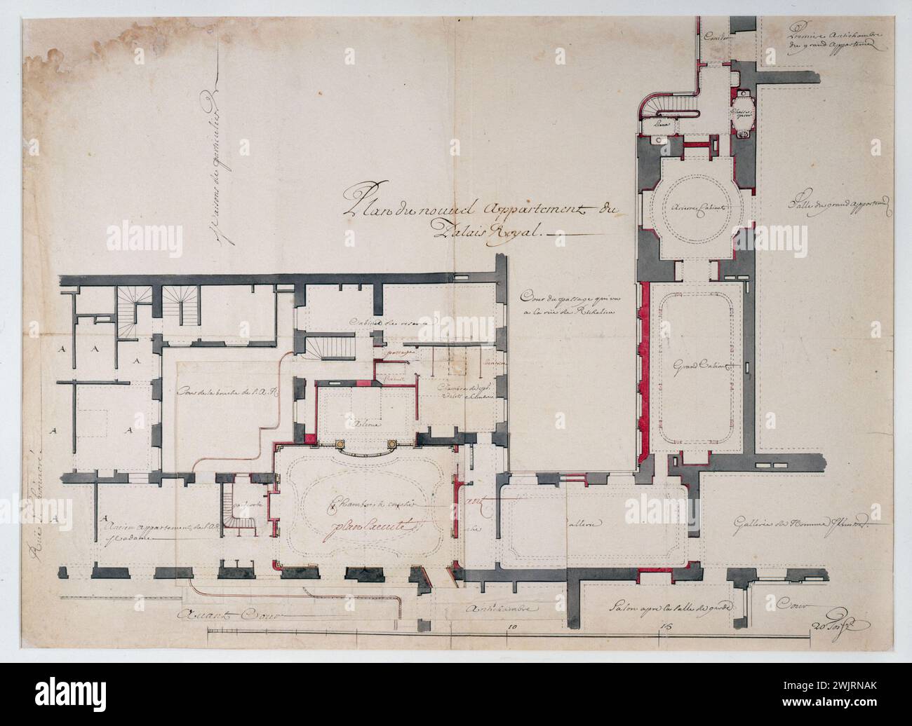 Gilles Marie Oppenord (1672-1742). 'Plan der neuen Wohnung des Palais-Royal mit dem Zimmer des Regenten'. Pen und Waschen. Paris, Carnavalet Museum. 39819-4 Arrondissement Ier I 1. 1, Arrondissement II. 2. II, Schlafzimmer, Waschanlage, neue Wohnung, Palast-Royal, Plan, Regent, Pen Stockfoto