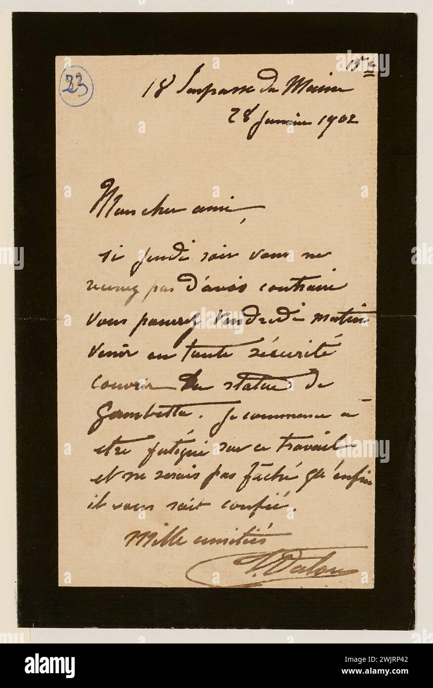Dalou, Aimé-Jules (1838-12-31-1902-04-15), unterzeichnete ein Autogramm des Bildhauers Dalou an seinen Mouleur Amédée Bertault, 28. Januar 1902 (Dummy-Titel), 28. Januar 1902. Tinte auf Papier. Petit Palais, Museum der Schönen Künste der Stadt Paris. Stockfoto