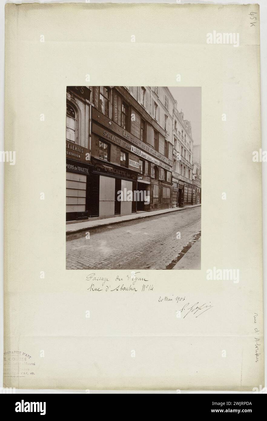 Beginn des Verlags L. Hachette, Passage von Vigan, Rue d'Aboukir 14, Paris (2. Arr.). Foto von E. Gossin. Mai 1906. Paris, Carnavalet Museum. 99890-1 IIEEEEIE IIE II 2ME 2E 2 ARRONDISSEMENT Stockfoto