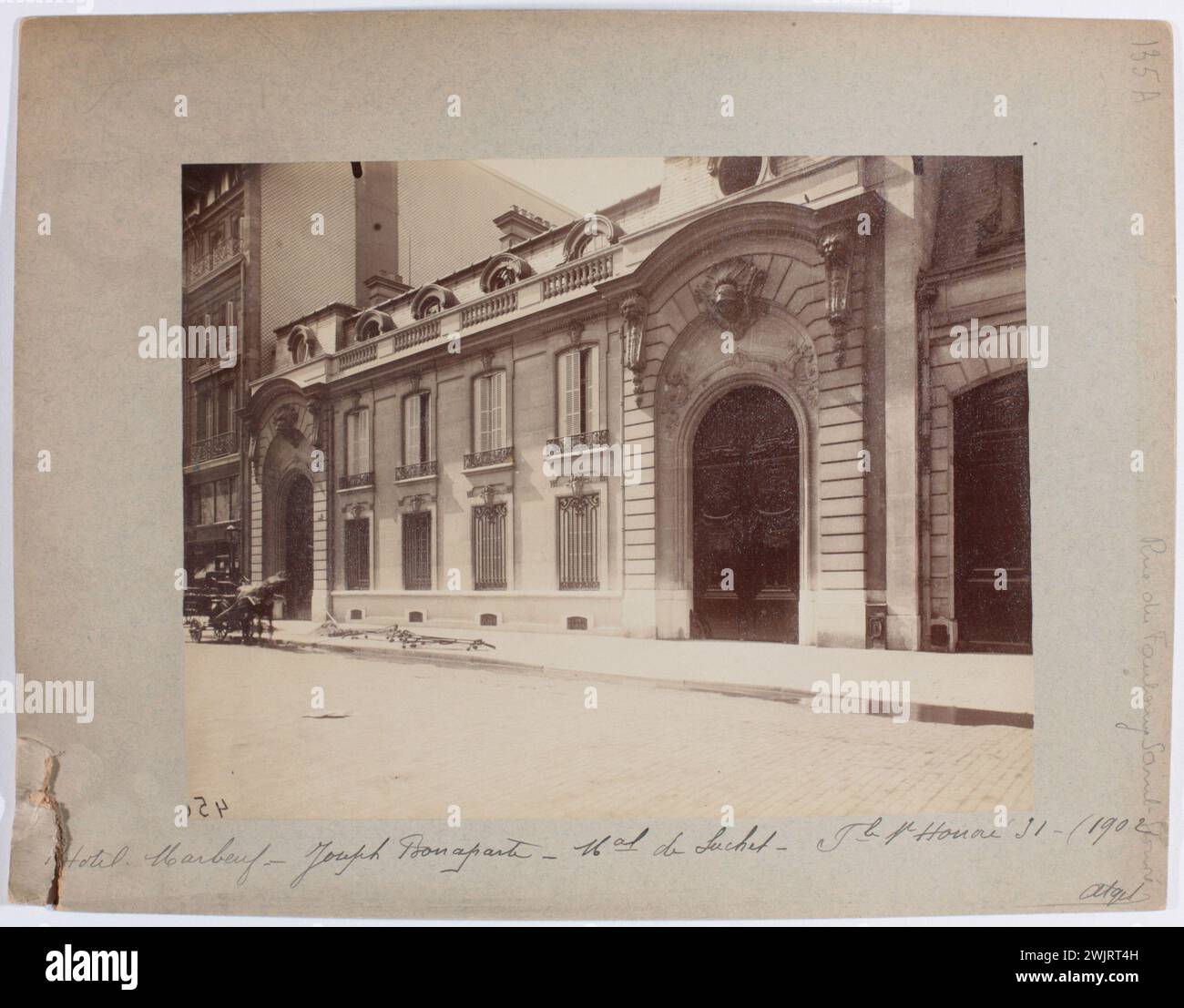 Atget, Eugène (Jean Eugène Auguste Atget, dit) (Nr. 1857-02-12-D.1927-08-04), Fassade auf der Rue, Marbeuf Hotel-Joseph Bonaparte-Marshal von Suchet, 31 rue du Faubourg Saint-Honoré, 8. Arrondissement, Paris. 1902 (Dummy-Titel). Albuminpapier zeichnet. Carnavalet Museum, Geschichte von Paris. Stockfoto