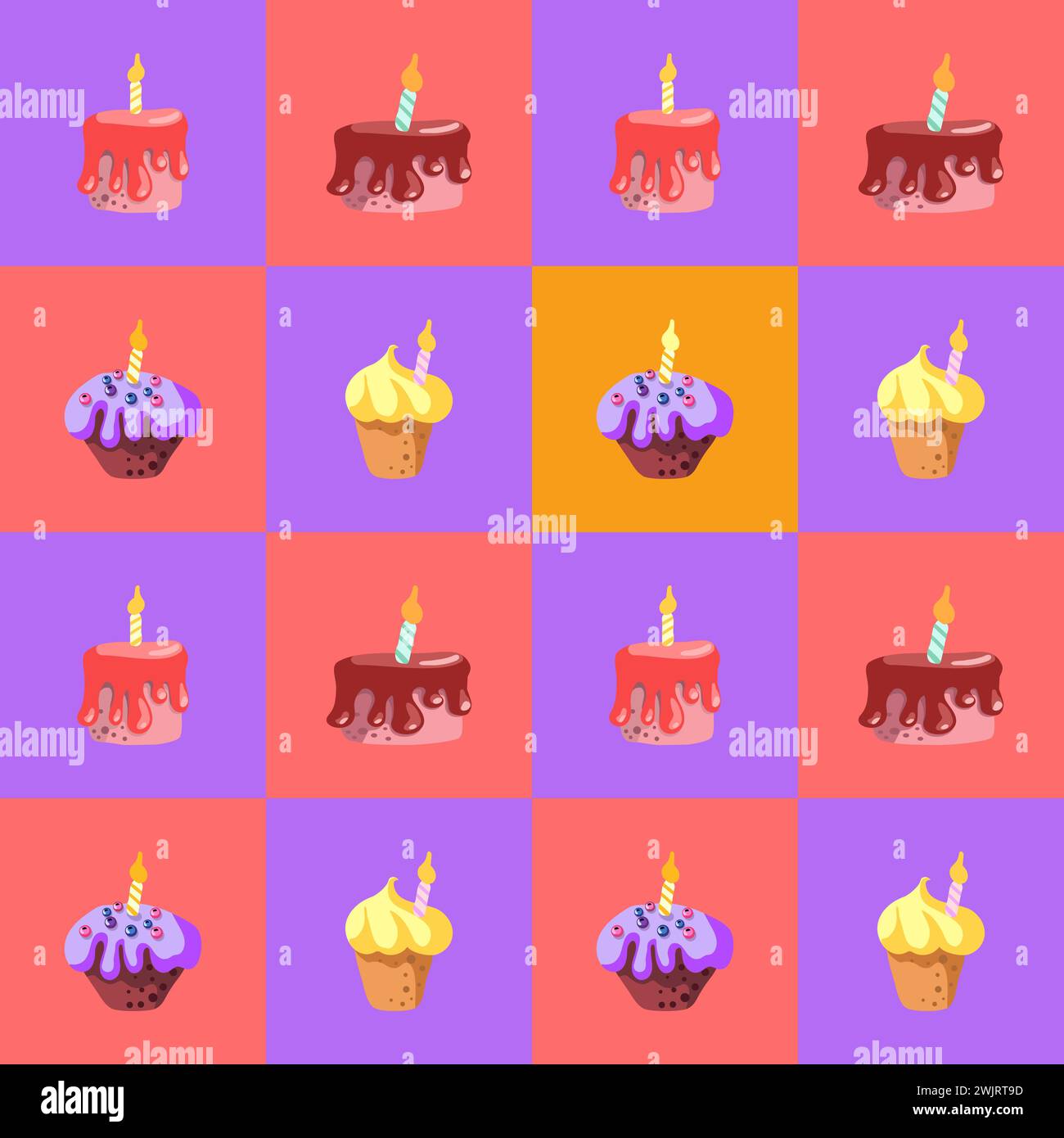 Nahtloses Muster von mit Happy Birthday Kuchen Torten Kuchen Muffins Hand gezeichnete süße Bäckerei Produkte Art auf dem weißen Hintergrund isolierte Zeichentrick Desserts Vektor Illustration Stock Vektor