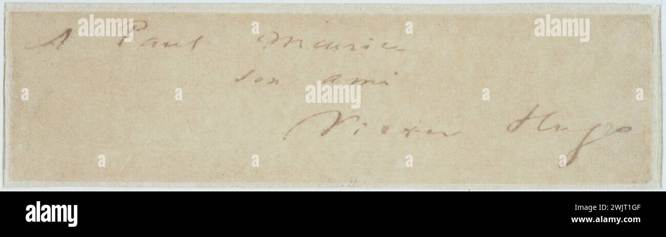 Victor Hugo (1802-1885). "Der Name Victor Hugos auf einer Burg". Unter der Zeichnung, auf einem separaten Pergamentpapier, in brauner Tinte: „A Paul Meurice, his friend, Victor Hugo“. Paris, das Haus von Victor Hugo. 33072-2 Widmung, braune Tinte, Inschrift, Pergamentpapier Stockfoto