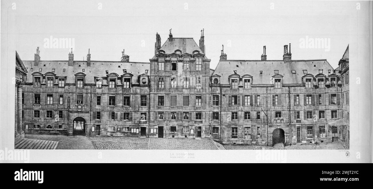 Des Gartens. "La Sorbonne: westfassade des Hofes". Heliogravure. Paris, Carnavalet Museum. 27117-12 Borough VEME V 5. 5. Gericht, Lehre, Bildung, Westfassade, Heliogravure, Panorama, Sorbonne Universitis Stockfoto