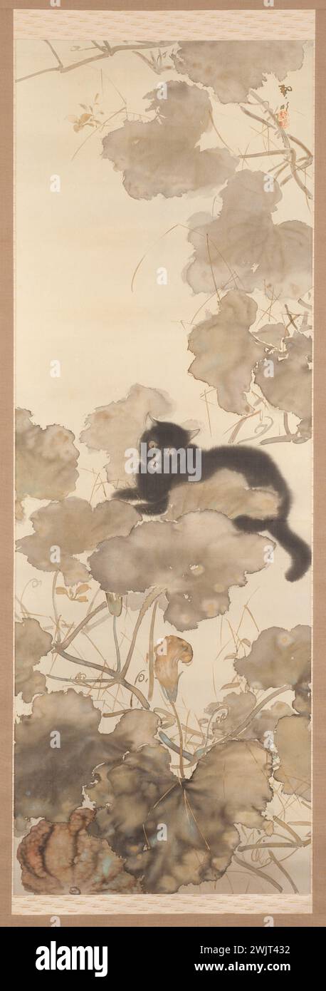 Sano Kosui (1896-1960). Katze in einem Melonenfeld. Tinte und Farben auf Seide. Etwa 1925-Japon. Paris, Cernuschi Museum. Jahre 20 1920 20, Baum, japanische Kunst, Melonenfeld, Katze, schwarze Katze, Tinte, Seide, 20. XX. 20. 20. 20. Jahrhundert Stockfoto