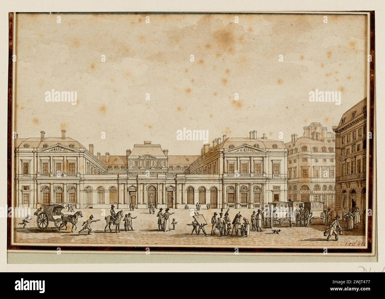 MÜLLER, Charles Francois (* 1789 - D.1855), Place du Palais - Royal 1813. (Getreuer Titel). Braune Feder und Tinte, graue und Sepia-Waschung auf Papier. Carnavalet Museum, Geschichte von Paris. Stockfoto