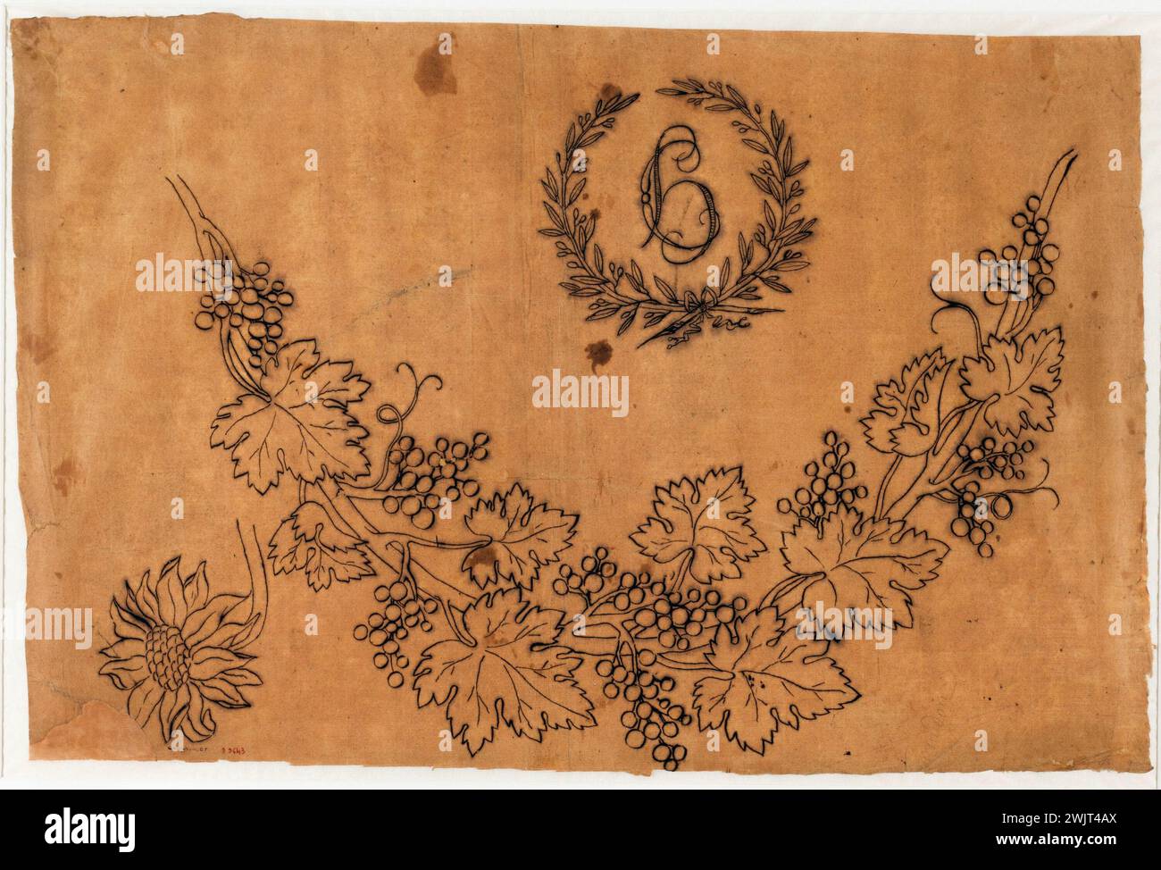 Guillaume Boichot (1735-1814). Gemüsemuster mit verflochtenen C- und H-Buchstaben. Feder und Tinte von China auf braunem Papier, 1735-1815. Paris, Carnavalet Museum. 79254-17 ZEICHNUNG Stockfoto