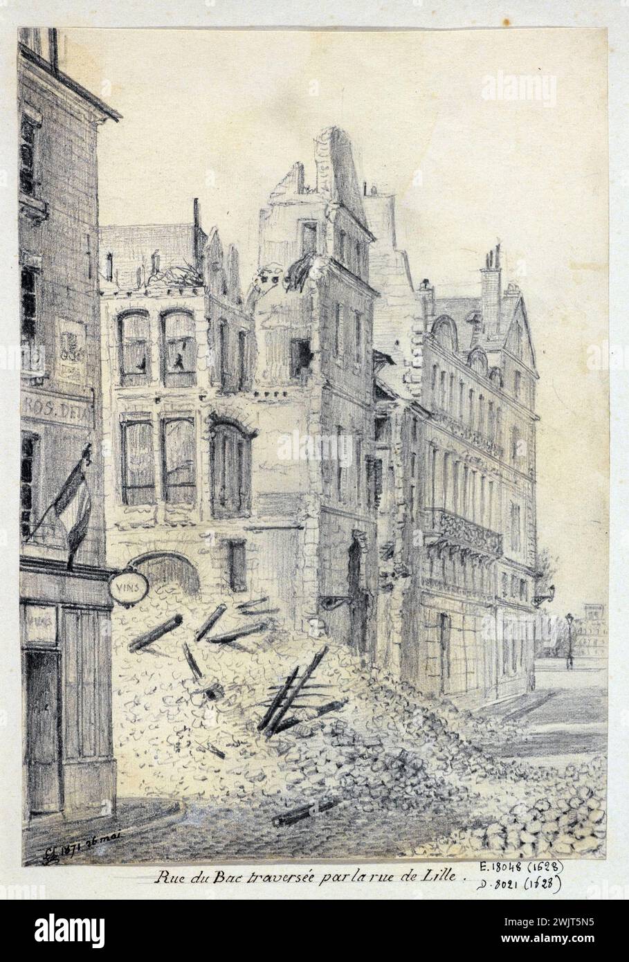 Leymonnere (im 19. Jahrhundert aktiv). 'Rue du Bac überquert von der Rue de Lille, 26. Mai 1871'. Zeichnung. Paris, Carnavalet Museum. VIIEME VII 7. 7. Bezirk, Gemeinde, Zeichnung, Schutt, Pflaster, rue du Bac, Ruinen, Überquerung, Dritte republik Stockfoto