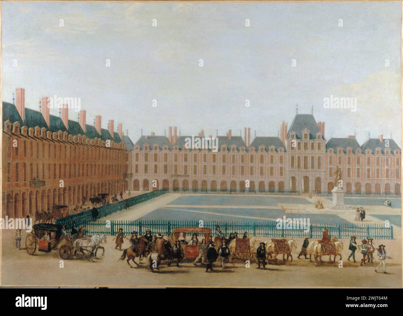 Place Royale, um 1660, Passage von der königlichen Kutsche. Anonyme Malerei. Paris, Carnavalet Museum. 23830-1 CARROSSE, IIIEME III 3. 3. 3. 3. Arrondissement, Le Marais, Passage, Place Royale, Place Vosges, Quartier du Marais, Royal Stockfoto