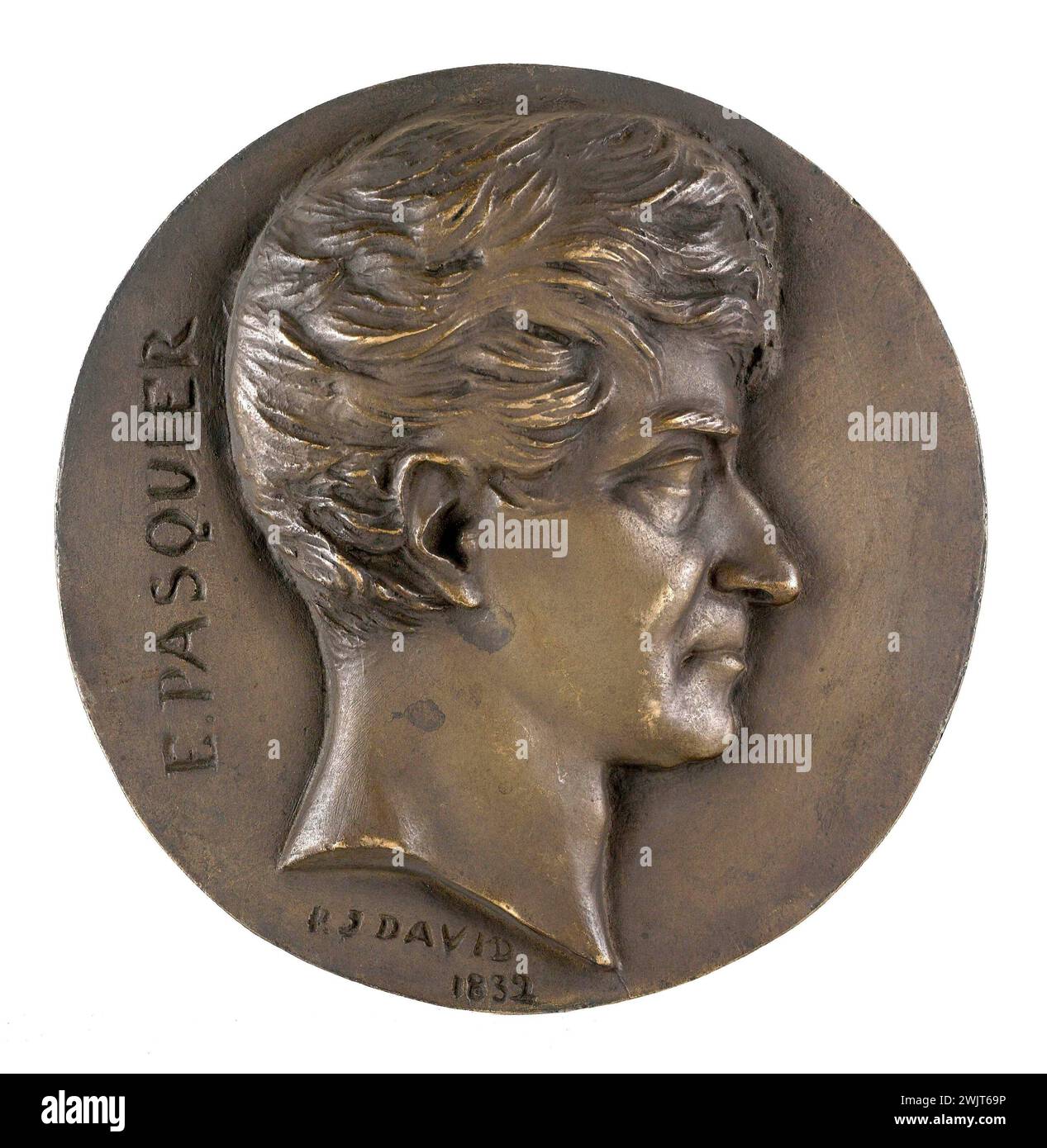 David d'Angers (1788-1856). Porträt von E. Pasquier. Bronze. Sandguss. 1832. Paris, Museum Carnavalet. 60825-8 Bronze, Sand, Mann, Medaille, Profil, Hochformat Stockfoto