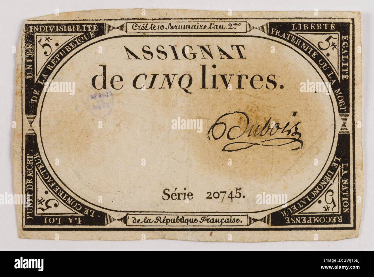 Gatteaux, Nicolas Marie GR 1751-32. Zuweisen von 10 Pfund, Serie 20745, 10 brumaire Jahr 2 (31. Oktober 1793). Typografie, Tinte. Paris, Carnavalet Museum. Silber, Assignat, Ticket, Staatsdarlehen, Treuhandwährung, Zeitung, 18. 18. 18. 18. 18. 18. 18. 18. 18 18. 18. Jahrhundert Stockfoto