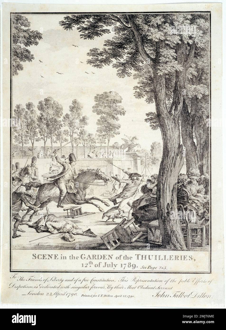 Jean-Michel MOREAU (sagte der Junge). „Szene im Garten der Tuilerien, 12. Juli 1789 (Szene im Garten der Tuilerien am 12. Juli 1789)“. Paris, Carnavalet Museum. 36049-8 Armee, Reiter, Last, Aufstand, Garten, französischer Prinz, Repression, französische Revolution, tuilerien Stockfoto