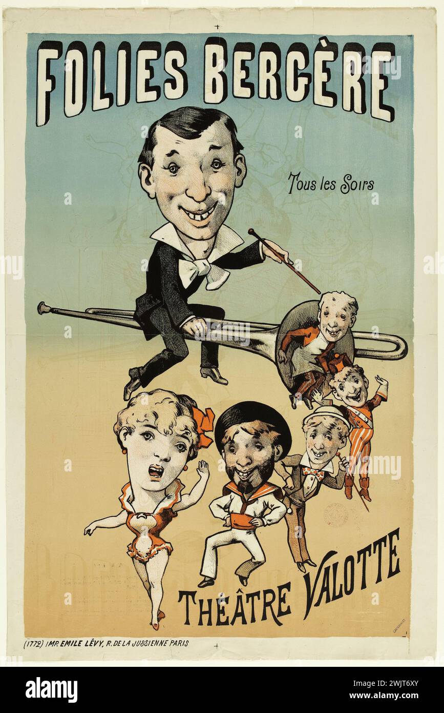 Werbeplakat für das Stück „Théâtre Valotte“ bei Folies Bergères. Paris (ixème arr.). Farblithographie. 1880-1900. Paris, Carnavalet Museum. Poster, folien-Hirten, Musikinstrument, Farblithographie, Theater, Theater valot, Pombonne, 19. 19. 19. 19. 19. 19. 19. 19. 19 19. Jahrhundert, Stück Stockfoto