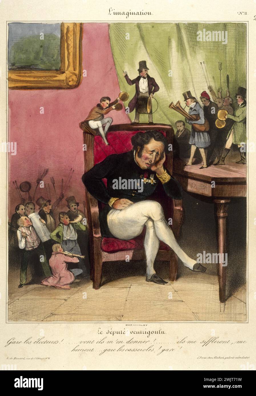 Honoré Daumier (1808-1879). Imagination Nummer 11: Der Ventrioulu-Deputy. Gravur. Paris, Carnavalet Museum. Dämon, Abgeordneter, Abgeordneter, Kurator, Politiker, humorvoll, humorvoll, Humor, Fantasie, Orchester, orchester, Politiker, Serie, Serie, Abstimmung, Karikatur, Gravur, Gravur Stockfoto