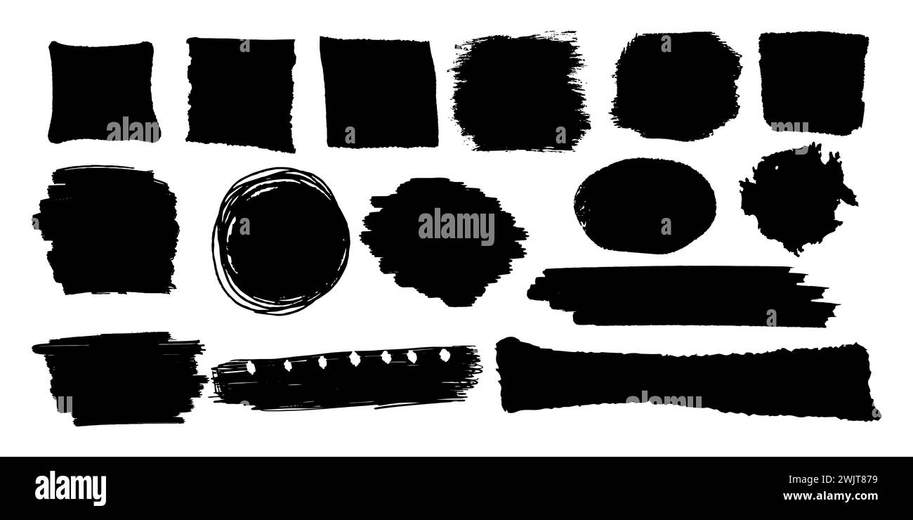 Setzen Sie gezackten Rahmen, scharfe Rahmensilhouette, Collage-Stempel, Pinsel isoliert auf weißem Hintergrund. Grunge-Aufkleber, Überschrift. Vektorabbildung Stock Vektor