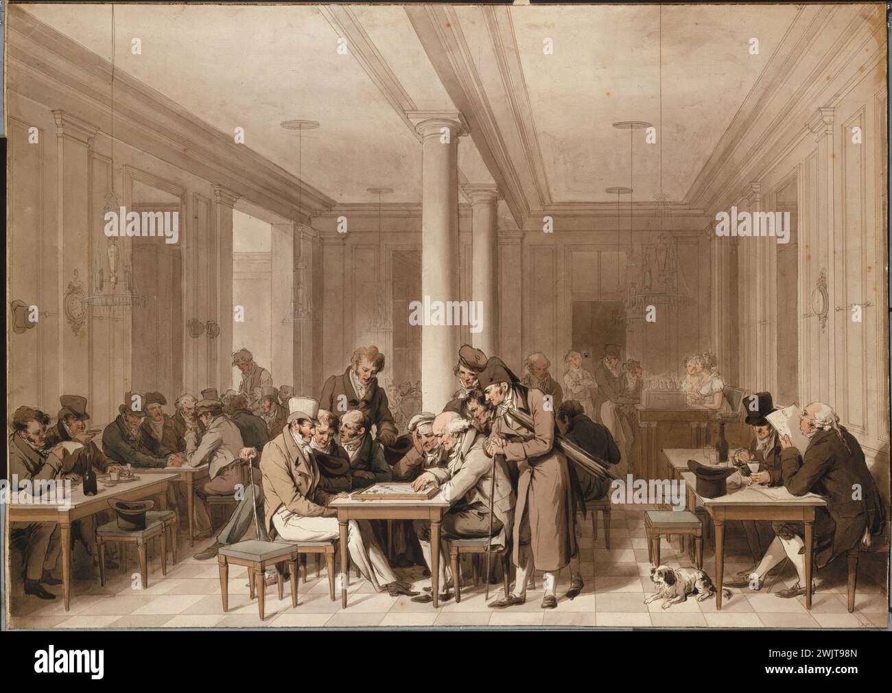 Louis-Léopold Boilly (1761-1845). 'Innenraum eines großen Pariser Cafés, um 1815-1820'. Aquarell. Paris, Carnavalet Museum. 36596-4 Pariser Café, Kunde, Innenraum, Palais-Royal, Watercolor, Hund Stockfoto