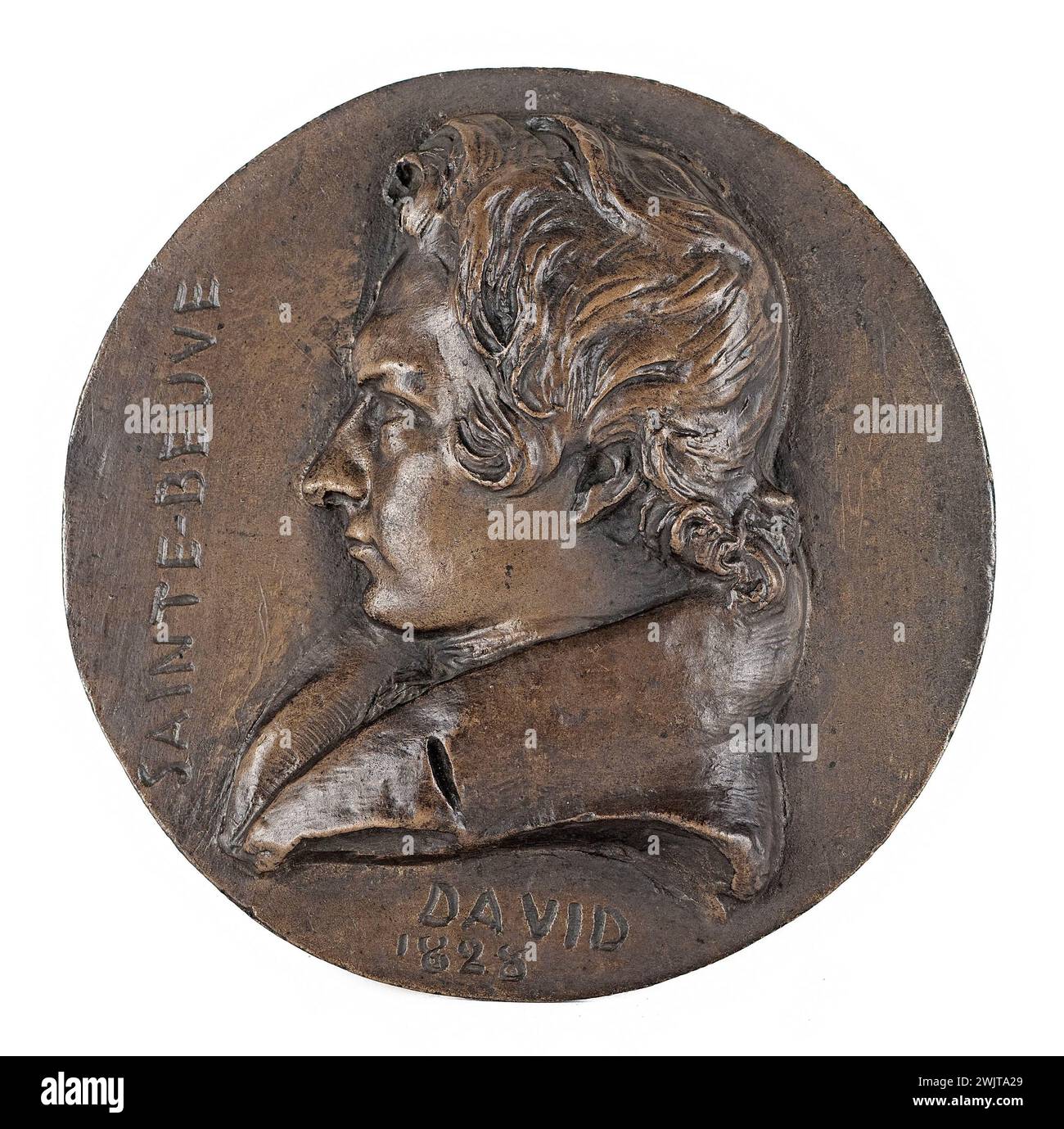 David d'Angers (1788-1856). Porträt von Charles-Augustin Sainte-Beuve (1788-1869), Dichter und Kritiker. Bronze. Sandguss. 1828. Paris, Museum Carnavalet. 60830-8 Bronze, Kritik, Medaille, französischer Dichter, Profil, Hochformat Stockfoto