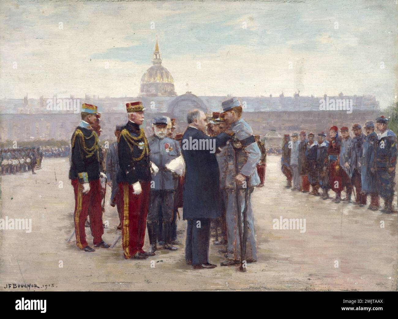 Joseph-Félix Bouchor (1853-1937). "Verleihung der Dekorationen an der Invalidensesplanade durch Präsident Poincaré, 17. September 1915". Öl auf Holz. Paris, Carnavalet Museum. 32938-17 VIIEME VII 7. 7. Bezirk, BEQUILLE, ARBEIT, offizielle Zeremonie, Dekoration, Decorate, französischer Staat, Hotel des Invalides, Öl auf Holz, Offizier, Erster Weltkrieg, Präsident Der Französischen Republik, Discount, Soldat, Esplanade Stockfoto