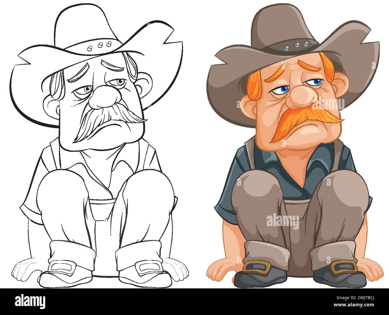 Zwei Cartoon-Cowboys mit düsteren Ausdrücken sitzen. Stock Vektor