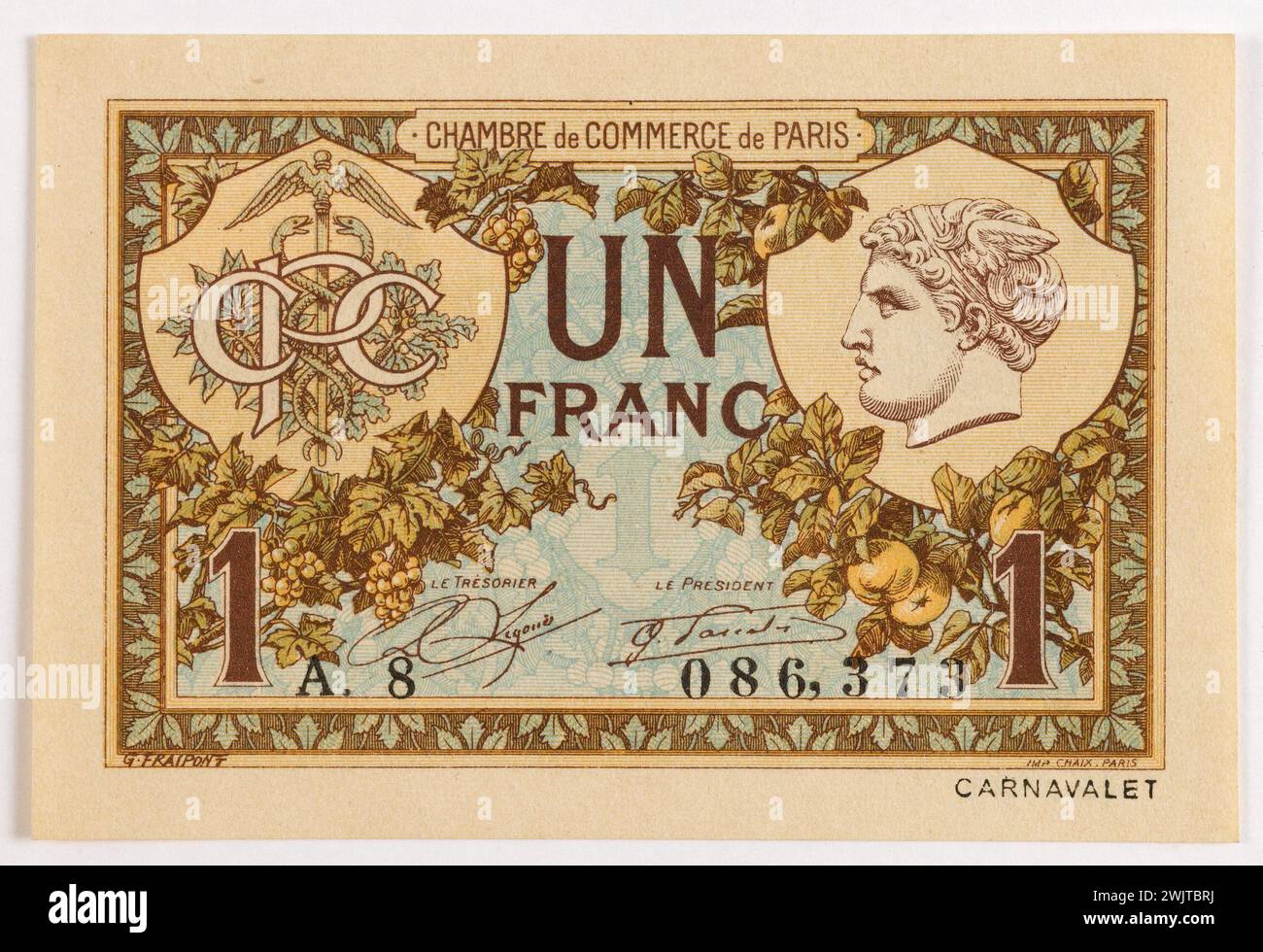 Anonym. 1 Franc Ticket von der Pariser Handelskammer, 2 ° Typ, A.8, 086373, 10. März, 1920. Typografie (ockerfarbene Töne, blauer Hintergrund). Paris, Carnavalet Museum. Jahrgang 1920 20, Silber, Einweisung, Kammerticket, gut für den Träger, Geldgutschein, Geldwechsel, Treuhandwährung, 20. XX. 20. 20. 20. 20. Jahrhundert Stockfoto