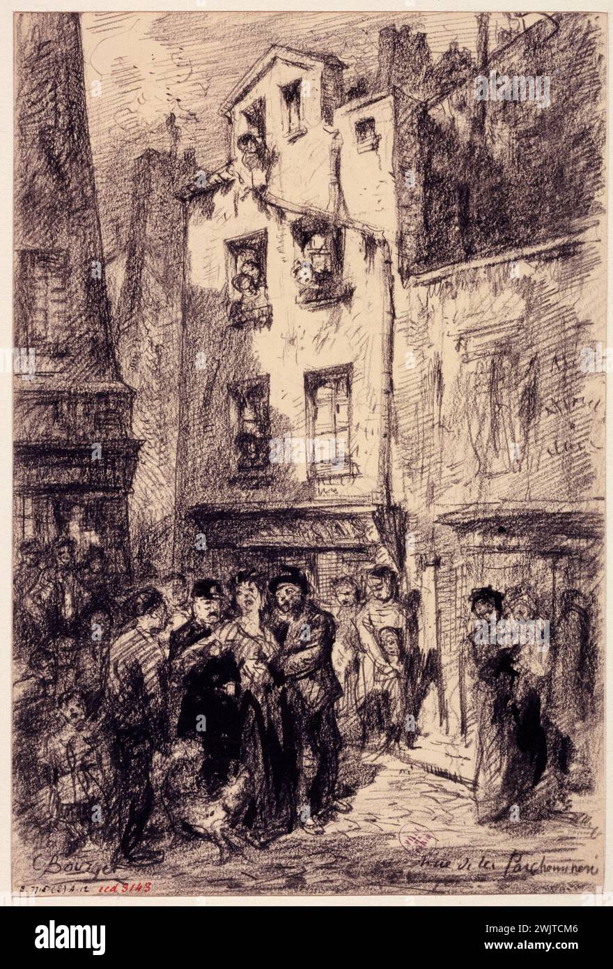 Camille Bourget. Die Rue de la Boucheminerie, Verhaftung eines Mädchens. Paris (5. Arr.), 1801-1900. Bleistift auf hellem cremefarbenem Papier. Paris, Carnavalet Museum. 77657-11 Verhaftung, Stopp, Arrondissement, Hilfe, Bleistift, zeichnen, Mädchen, Fenster, Person, teilnehmen, Pariser Bezirk, Uhr, Rue Parcheminerie, Veme ve V 5e 5e 5e 5te 5te 5te 5te 5te 5te 5te 5te 5. 5. 5. 5. 5. 5. 5. 5. 5. 5 5. 5. 5. 5. 5. 5. 5. 5. 5. 5 5. 5. 5. 5. 5. 5. 5. 5. 5. 5 5. 5. 5. 5. 5. 5. 5. 5. 5. 5 5 Stockfoto