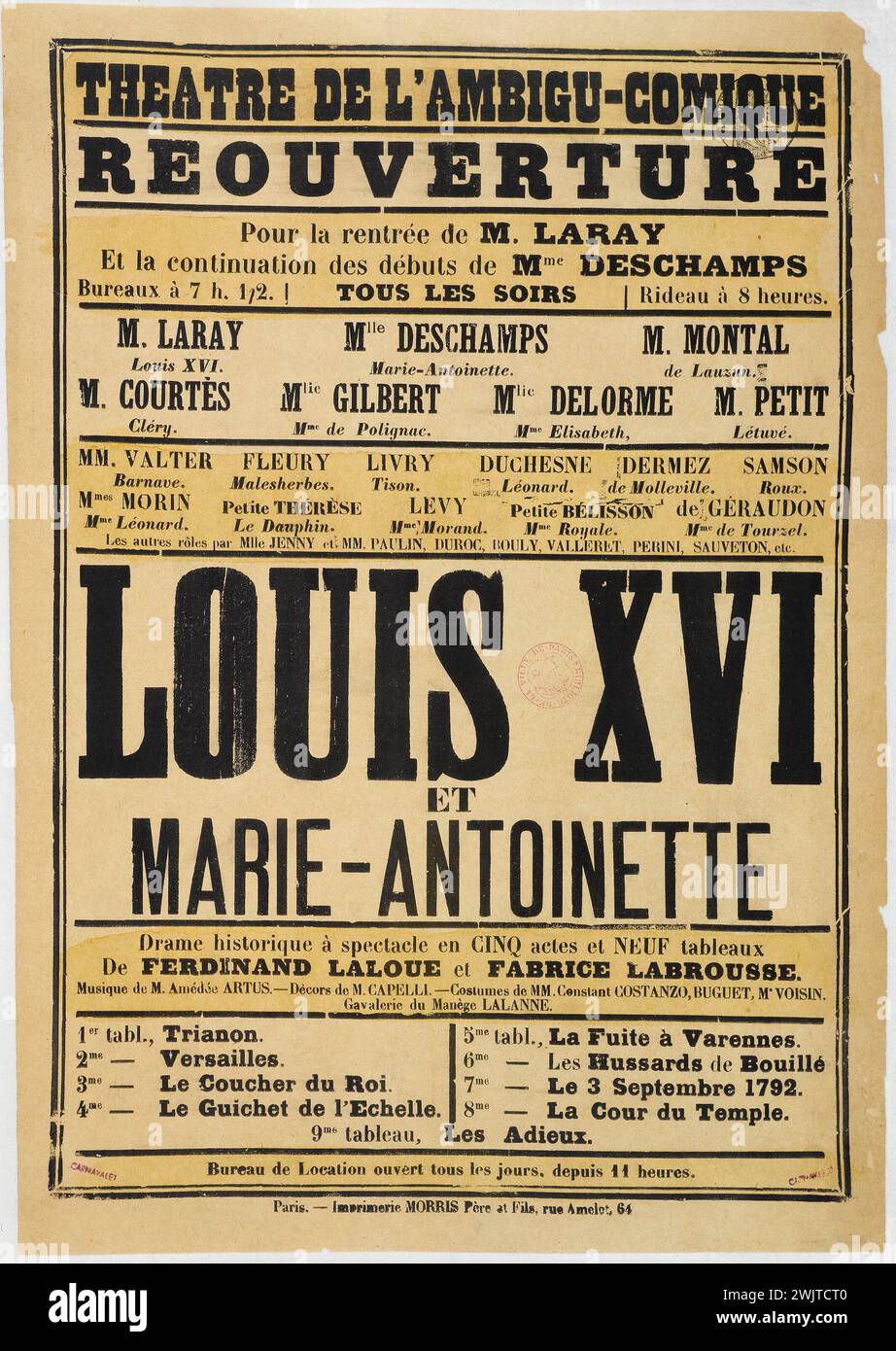 Morris Vater und Sohn drucken. Theater des Ambigu-Comics, Louis XVI. Und Marie-Antoinette. Poster. Typografie. Paris, Carnavalet Museum. Ambigu-Comic, Farblithographie, Theater, Typografie Stockfoto