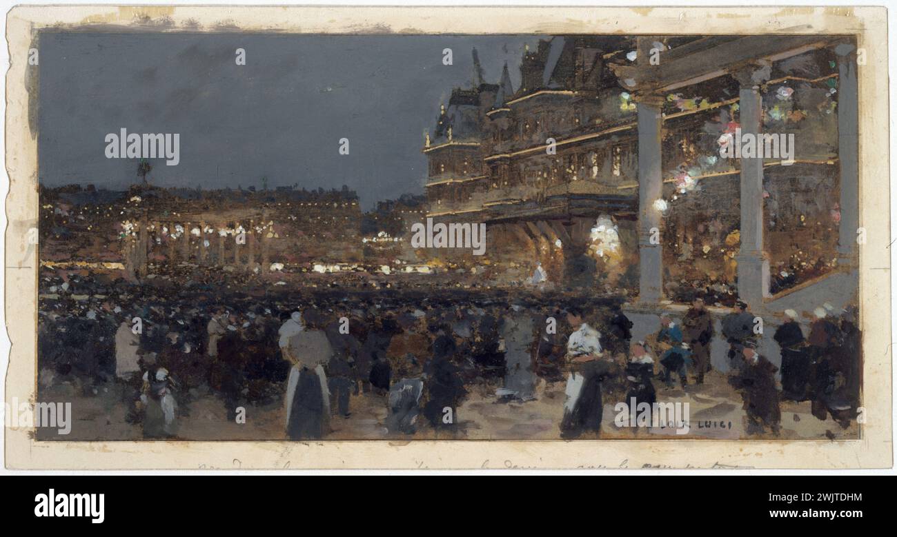 Luigi Loir (1845-1916). „Franco-russische Festivals - Illuminationen, Place de l'Hotel de Ville, 7. Oktober 1896“. Gouache. Paris, Carnavalet Museum. Französisch-russische Füße, Menge, Gouache, Rathaus von Paris, 4. IV. 4. 4. 4. Arrondissement, Nacht, Russisch, Abend, Beleuchtung Stockfoto