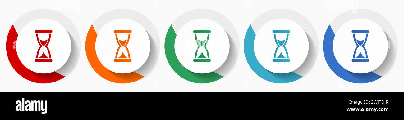 Sanduhr, Uhrenvektor-Symbolsatz, flache Symbole für Logo-Design, Webdesign und mobile Anwendungen, bunte runde Tasten Stock Vektor