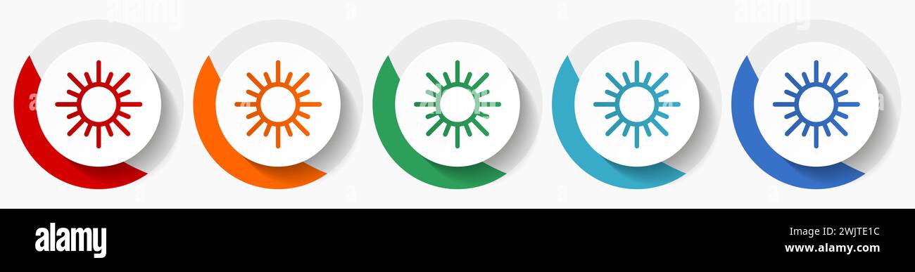 Sonnenvektorsymbole, flache Symbole für Logo-Design, Webdesign und mobile Anwendungen, farbenfrohe runde Tasten Stock Vektor