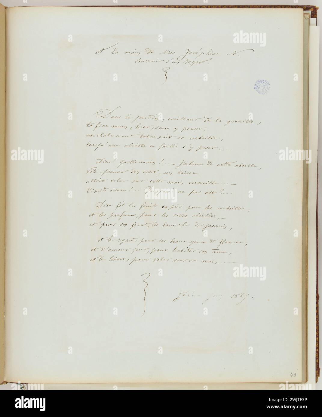 JOSS oder Album Nicolle (gehört Joséphine Nicolle, Schwägerin des verbotenen Bonnet-Duverdier). "Durch die Hand von Miss Joséphine N. Souvenir eines Reue." Tinte auf Papier. Anonymer Autor, Juni 1865. Paris, das Haus von Victor Hugo. 53635-7 JOSS Album, Nicolle Album, handgeschriebene Schrift, Tinte auf Papier, Exil, Gedicht, poesie, 19. XIX. 19. 19. 19. 19. Jahrhundert Stockfoto