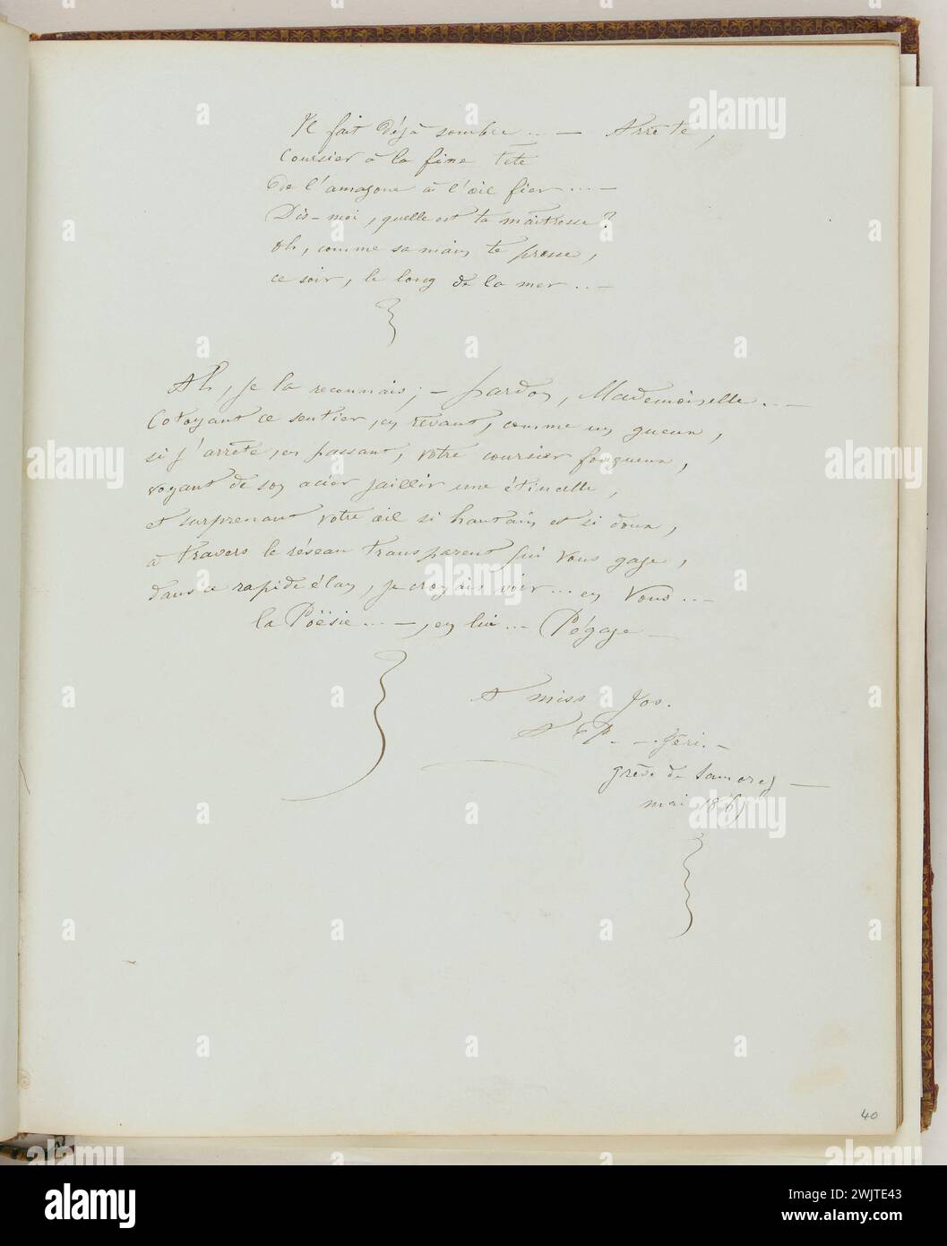 JOSS oder Album Nicolle (gehört Joséphine Nicolle, Schwägerin des verbotenen Bonnet-Duverdier). Engagiertes Gedicht an Miss Joss, „Meeting“. Tinte auf Papier. Unbekannter Autor, Mai 1865. Paris, Maison de Victor Hugo. 53634-20 JOSS Album, Nicolle Album, Dedicace, Tinte auf Papier, Exil, Gedicht, poesie, Treffen Stockfoto