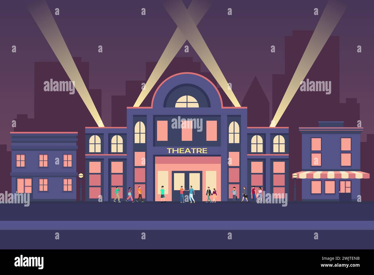 Kino- oder Kinogebäude im Hintergrund der Nachtszene. Außenansicht des Gebäudes in flacher Vektorillustration. Stock Vektor