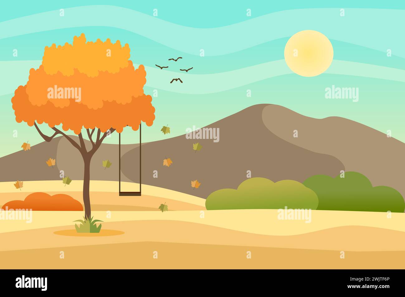 Herbstlandschaft mit Baum und Schaukel, Bergen, Feldern, Blättern. Ländliche Landschaft. Herbst Hintergrund. Vektorabbildung Stock Vektor