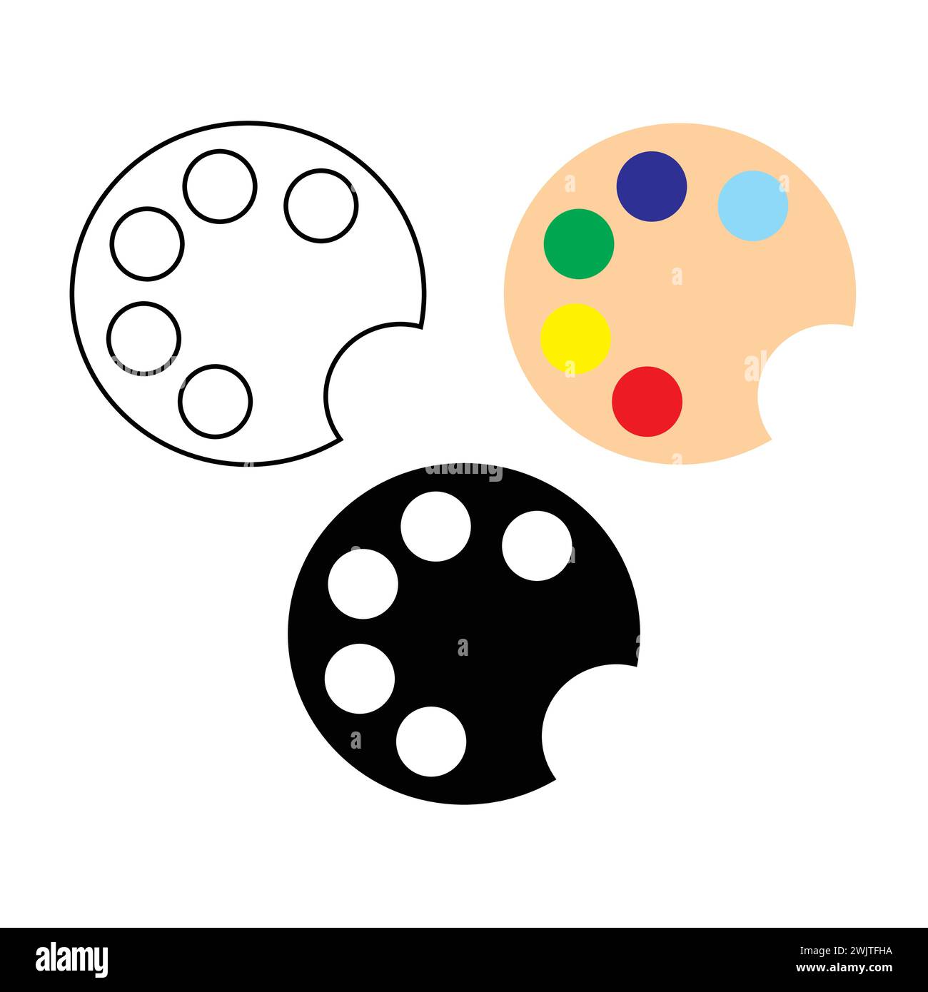Symbolvektor der Malerpalette. Palettensymbol, Bildsymbol, Vektorillustration. Symbolvektor für schwarze Zeichnung der Palette. Malmittel, Farbpaletten, Farbe. Stock Vektor