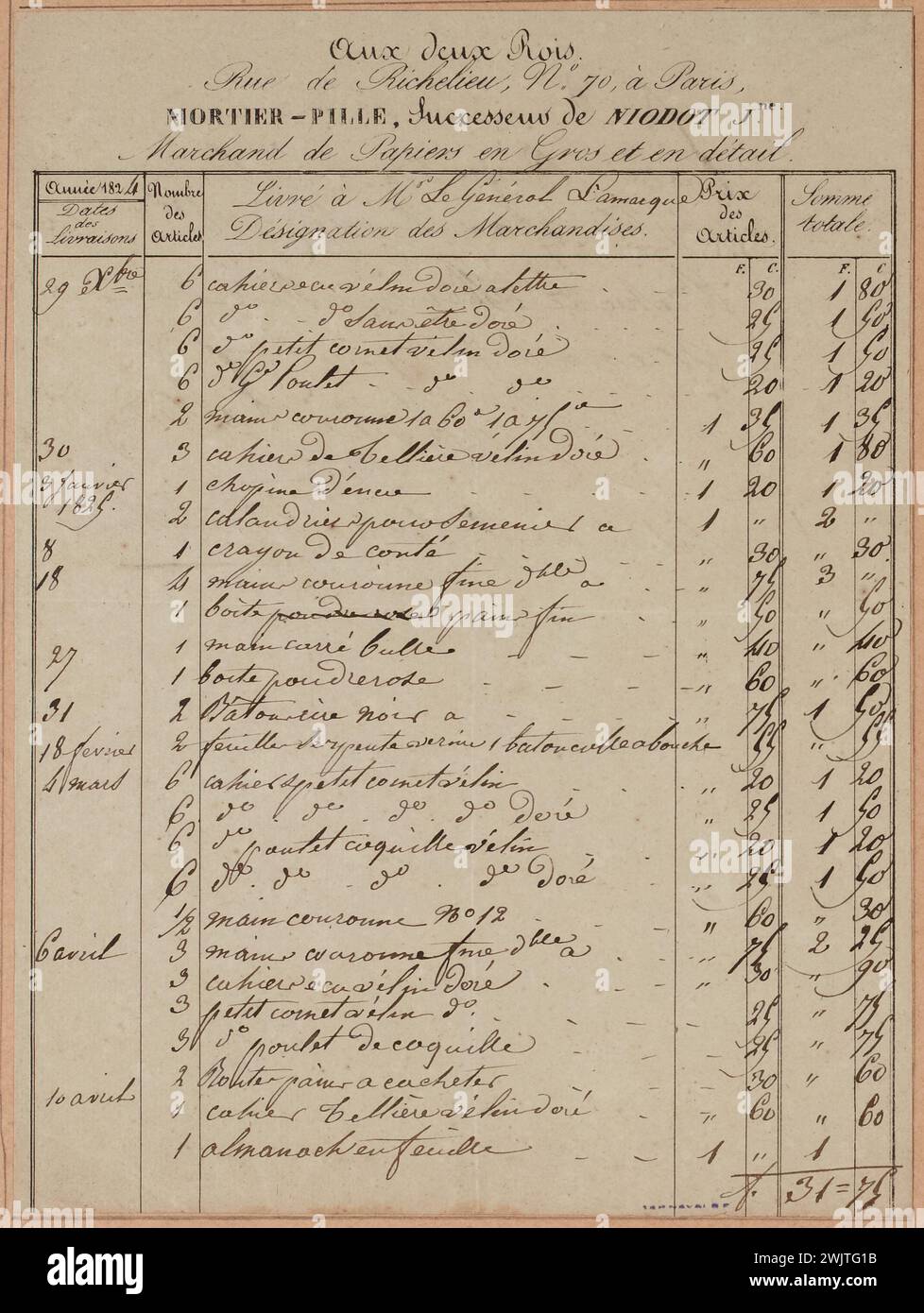 Bilan des livraisons de Morier-Pille, marchand de Papiers Aux deux rois, rue de Richelieu, années 1824 et 1825. Stockfoto