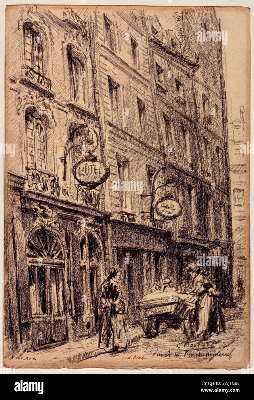 Camille Bourget. Rue de la Parcheminerie, Kaufmann der vier Jahreszeiten. Paris (5. Arr.), 1801-1900. Bleistift auf cremefarbenem Papier. Paris, Carnavalet Museum. 77657-12 Arrondissement, Wagen, Bleistift, Zeichnung, Schild, Fassade, Frau, Gebäude, Gemüse, Händler, Pariser Viertel, Four Seasons, Rue Parcheminerie, Transport, Veme ve V 5e 5e 5e 5, Verkäuferin, Hotel Stockfoto