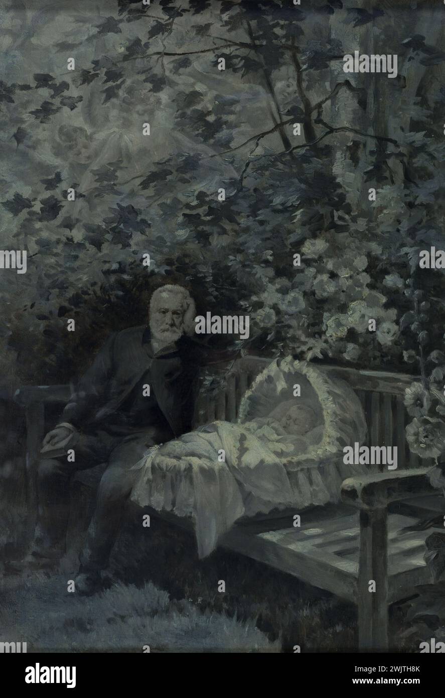 Albert Fourié (1854-1937). "Die Kunst, Großvater zu sein". Öl auf Leinwand. S.D. Paris, Haus von Victor Hugo. 77914-28 Sitzen, Baby, Wiege, von vorne, im Fuß, Kind, Großeltern, Alter des Mannes, Garten, Kleinkind, Porträt, alter Mann, 19. 19. 19. 19. 19. 19. 19. 19. 19. 19 19. Jahrhundert, Öl auf Leinwand Stockfoto