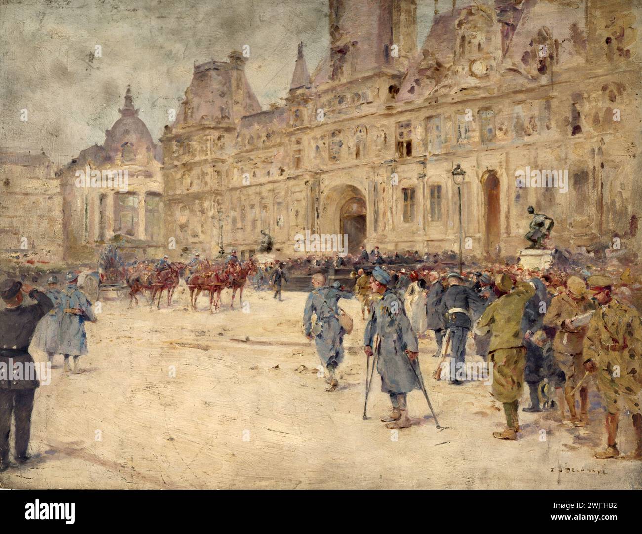 Ernest Delahaye (1855-1921). "Die verstümmelten Zeugen der Beerdigung von General Gallieni am Place de l'Hotel de Ville (1. Juni 1916)". Öl auf Holz. Paris, Carnavalet Museum. 32938-16 Arrondissement IVEME IV 4th 4, Assist, Huffle, Funerailles, General Francais, Hotel de Ville de Paris, Öl auf Holz, Mutile, Obseques, Place Hotel de Ville, erster Weltkrieg, Prozession Stockfoto