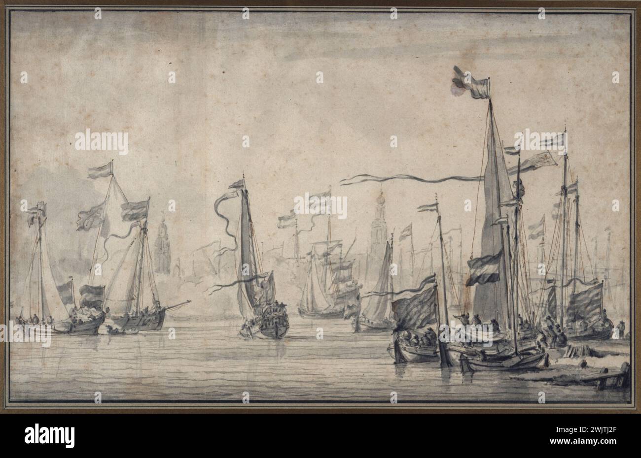 Willem Van de Velde (1633-1707). "Party auf dem IJ vor Amsterdam". Schwarzer Stein und Feder, mit chinesischer Tinte gewaschen. Museum der Schönen Künste der Stadt Paris, Petit Palais. 38162-4 Boot, Flagge, Tinte von China, IJ Party, schwarzer Stein, Anschluss, Feder Stockfoto Willem Van de Velde (1633-1707). "Party auf dem IJ vor Amsterdam". Schwarzer Stein und Feder, mit chinesischer Tinte gewaschen. Museum der Schönen Künste der Stadt Paris, Petit Palais. 38162-4 Boot, Flagge, Tinte von China, IJ Party, schwarzer Stein, Anschluss, Feder Stockfoto