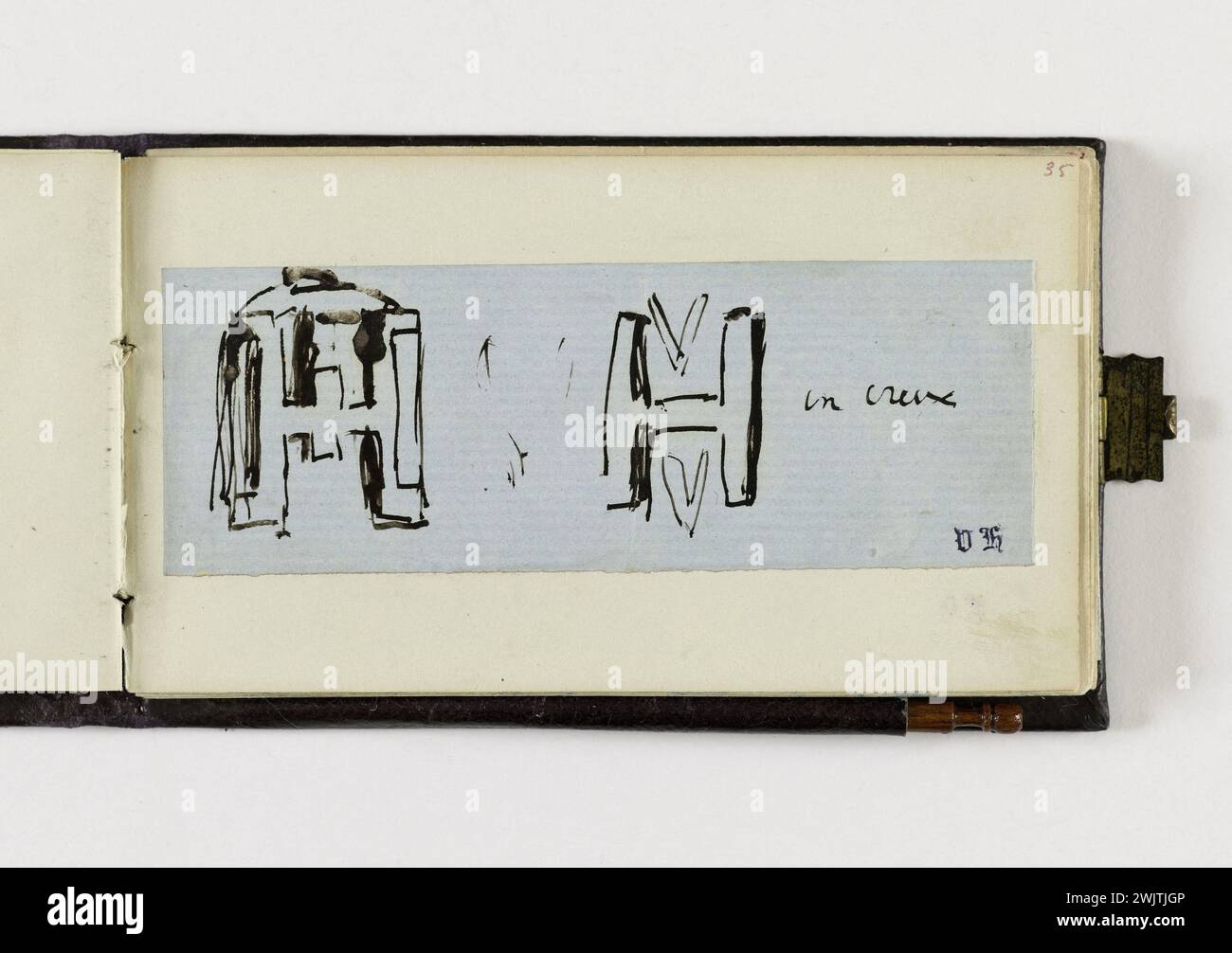 Victor Hugo (1802-1885). Victor Hugo Notizbuch - Double H und VH Monogramm (Projekt für den Kamin des Speisesaals). Zwischen 1856 und 1870. Braune Tinte. Paris, Victor Hugos Haus. Notizbuch, Cheminee, Zeichnen, Doppel h, französischer Schriftsteller, VH-Monogramm, Projekt, Speisesaal, 19. XIX. 19. Jahrhundert Stockfoto