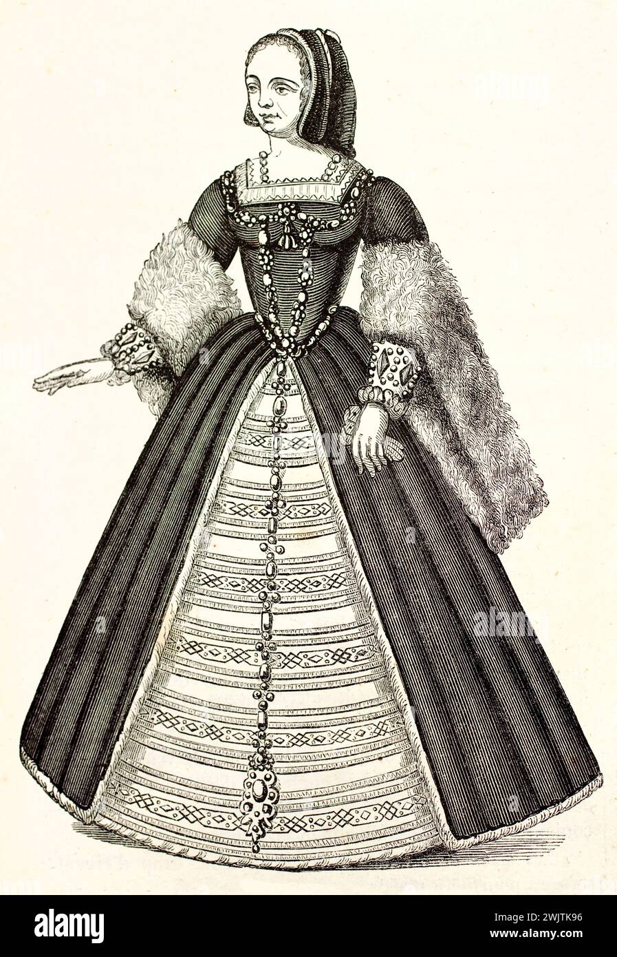 Alte gravierte Abbildung der Königin Claude de France (1499-1524). Nach Montfaucon-Sammlung, veröffentlicht auf magasin Pittoresque, Paris, 1852 Stockfoto
