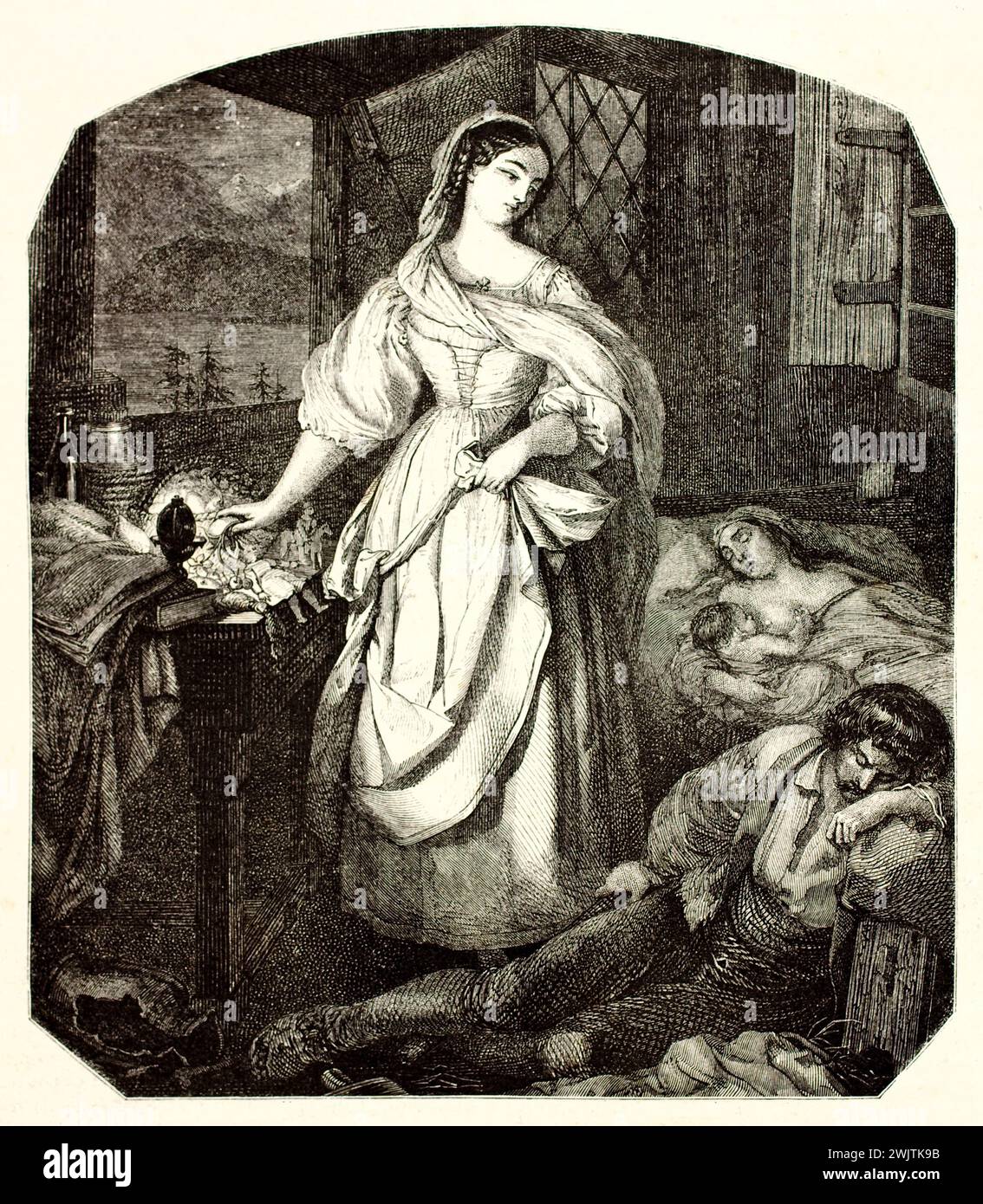 Traumszene mit Frau an der Lampe, Mann schlafend und Mutter mit Kind, vertikale schwarz-weiße Gravur auf weißem Hintergrund. 1852 Stockfoto