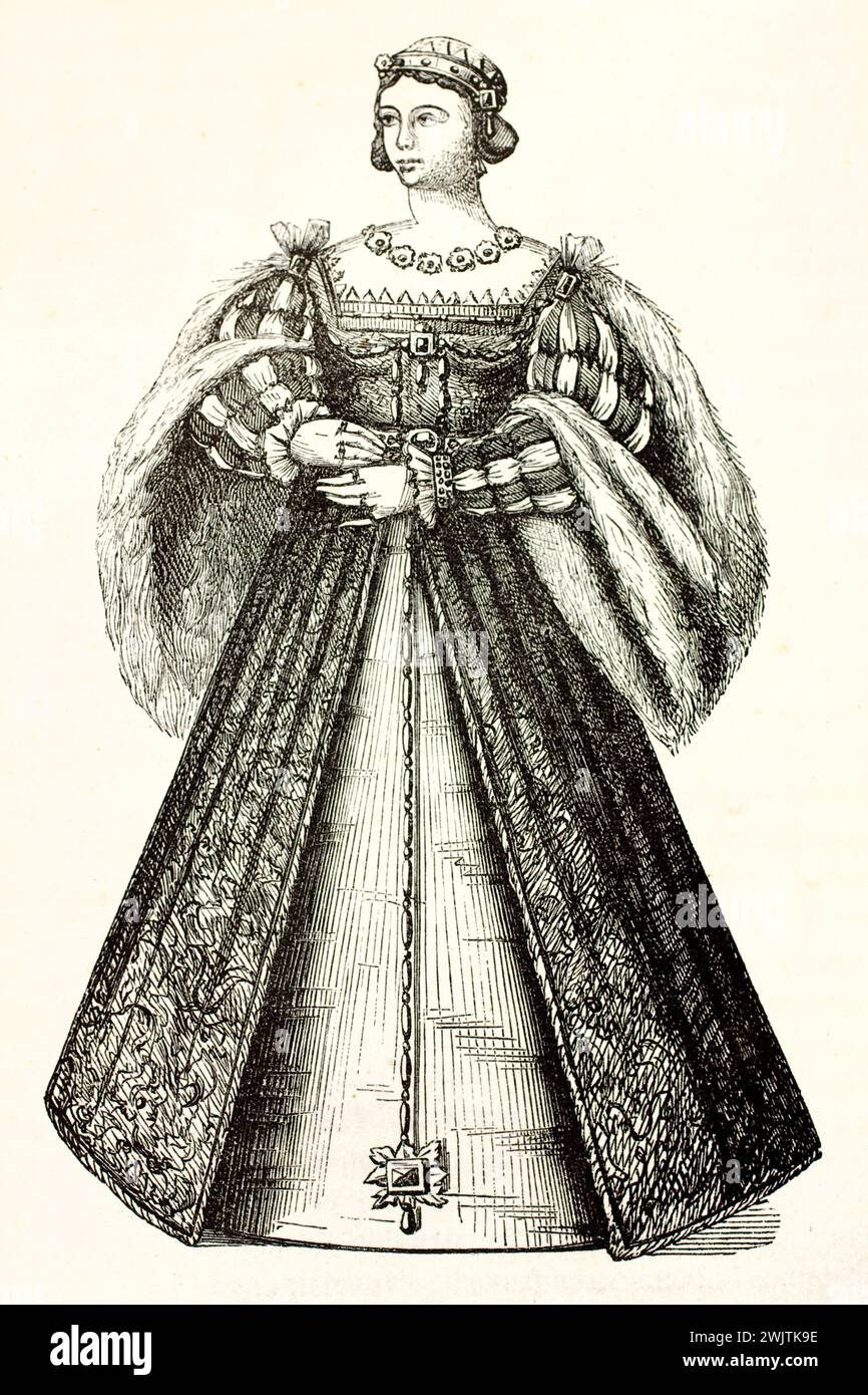 Alte gravierte Abbildung der Königin Eleanor von Österreich, Königin von Frankreich (1498–1558). Nach Montfaucon-Sammlung, veröffentlicht auf magasin Pittore Stockfoto
