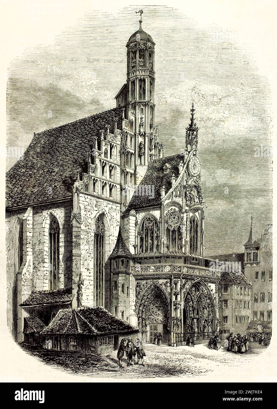 Alte Gravur-Illustration der Frauenkirche, Nürnberg. Erstellt von Lancelot, veröffentlicht auf Magasin Pittoresque, Paris, 1852. Stockfoto