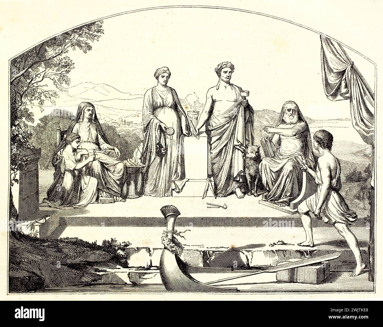 Allegorie des menschlichen Lebens mit symbolischen Figuren unterschiedlichen Alters, horizontale schwarz-weiße Gravur auf weißem Hintergrund - 1852 Stockfoto