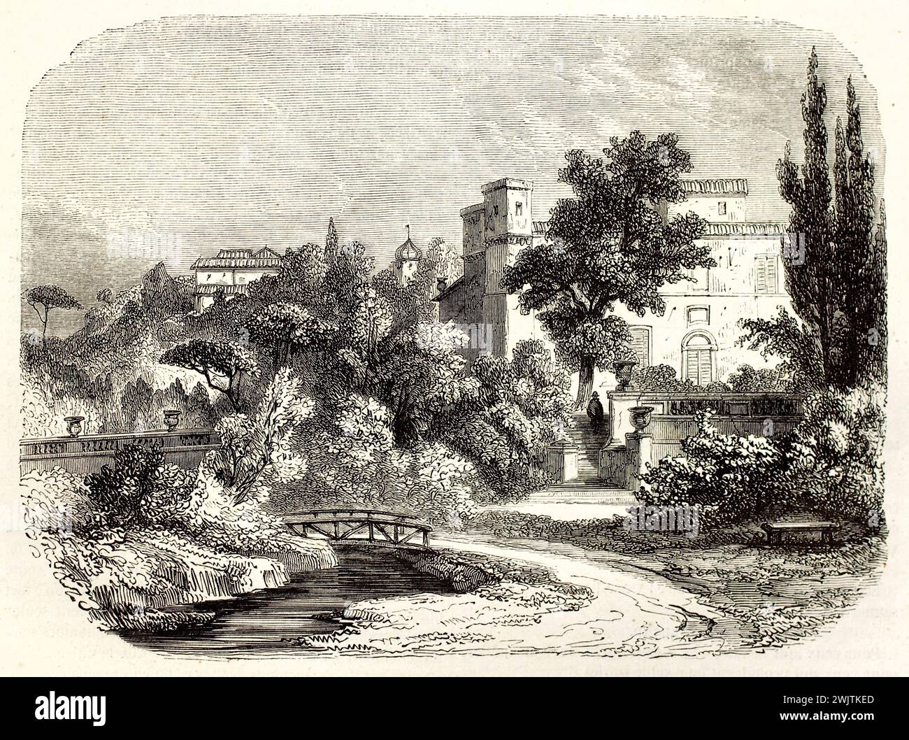 König Renés Garten mit Villen, Bäumen und Bach, horizontale schwarz-weiße Gravur auf weißem Hintergrund von Magasin Pittoresque, 1852. Stockfoto