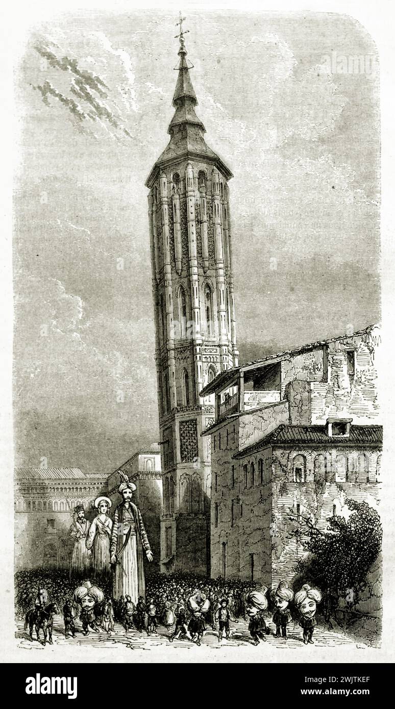 Der Schiefe Turm von Saragossa mit Prozession und Riesen, vertikale schwarz-weiße Gravur auf weißem Hintergrund, von Magasin Pittoresque, 1852. Stockfoto