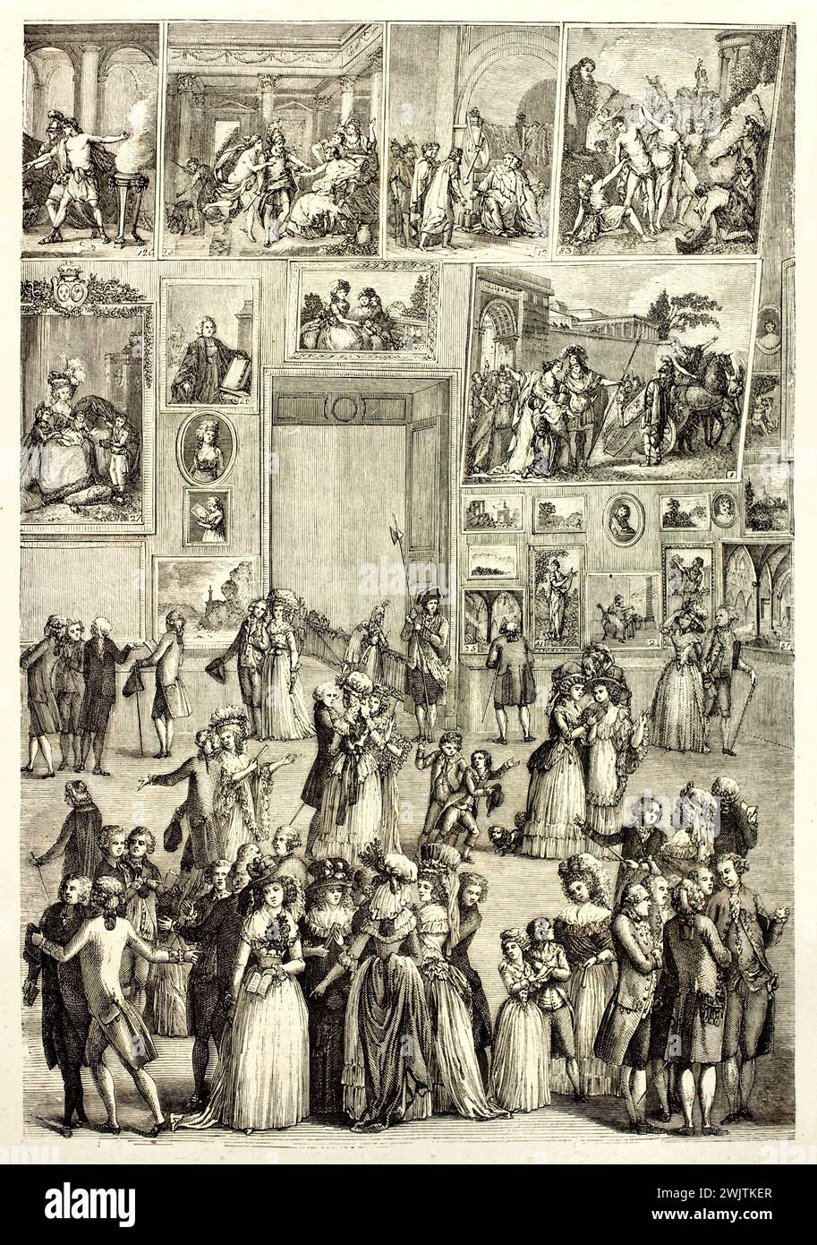 Alte gravierte Illustration zur Darstellung der Gemäldeausstellung im Salon im Louvre. Erstellt von Martini, veröffentlicht auf Magasin Pittoresque, Paris, 18 Stockfoto