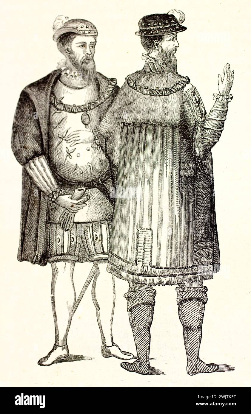 Alte Illustration von zwei Herren mit modischer Kleidung aus dem Jahre 1540. Nach der alten Miniatur der Sammlung Gaigneres, veröffentlicht auf Magasin Pittoresque, Par Stockfoto