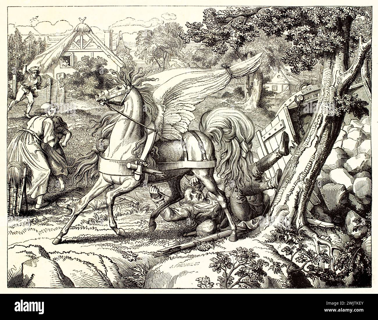 Pegasus kippt einen Ritter und seinen Wagen in einem lebhaften Kupferstich aus dem Magazin Pittoresque, 1852. Animierte Details und eine Szene mythischer Spannung. Stockfoto